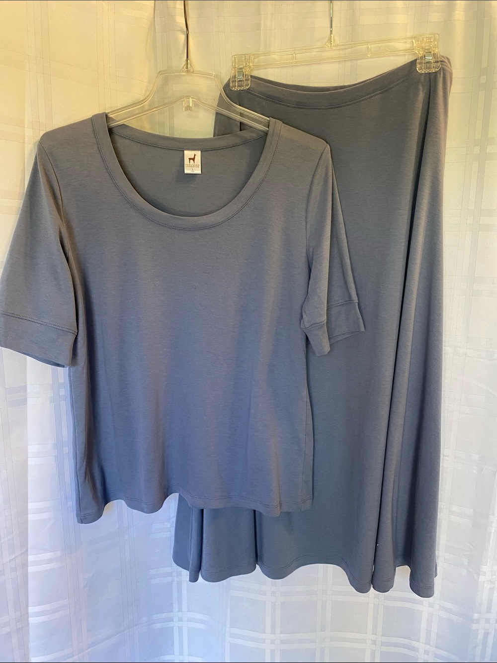 Peruvian Connection Slate Blue Scoop Neck Short Sleeve Top and Flare Skirt Set L